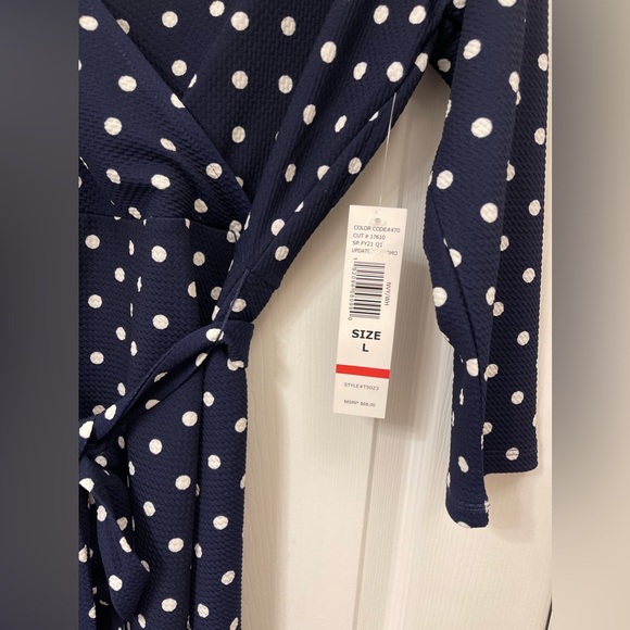 NWT—Tiana B.—Navy w/white polka dot Wrap Dress; Size: L (size chart in pics) - Picture 6 of 8
